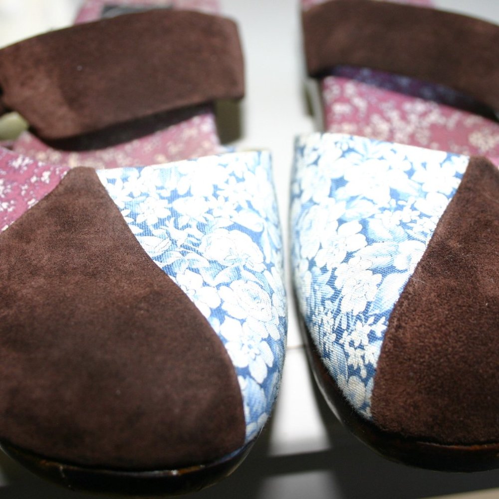 LUCKY PENNY Patchwork Clog Size 8 Wooden Platform/Walnut Stain*Fabric*Suede - Picture 9 of 13